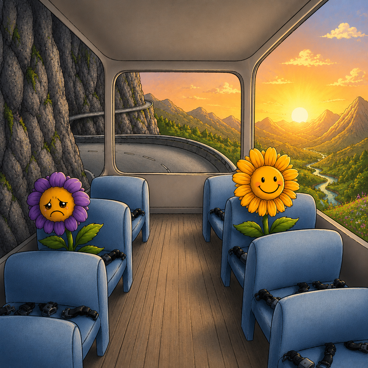 A bus showing different views from different seats, with a rock wall outside one window and more of the landscape visible from another.
